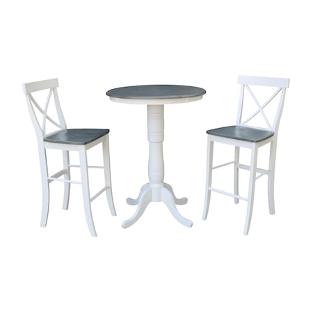 International Concepts Round 30 in Rd Pedestal Bar Ht Table, 2 X-Back Bar Ht Stools, White/Heather Gray, 30 in W, 30 in L K05-30RT-6B-S6133-2